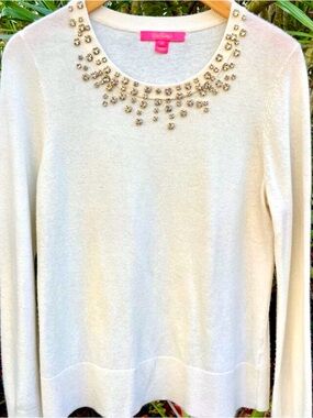 Lilly Pulitzer Odetta Cashmere Merino Ivory Jewel Neck Sweater M
